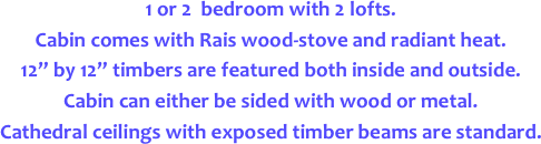 1 or 2  bedroom with 2 lofts.   
Cabin comes with Rais wood-stove and radiant heat.   
12” by 12” timbers are featured both inside and outside.    
Cabin can either be sided with wood or metal.  
Cathedral ceilings with exposed timber beams are standard.